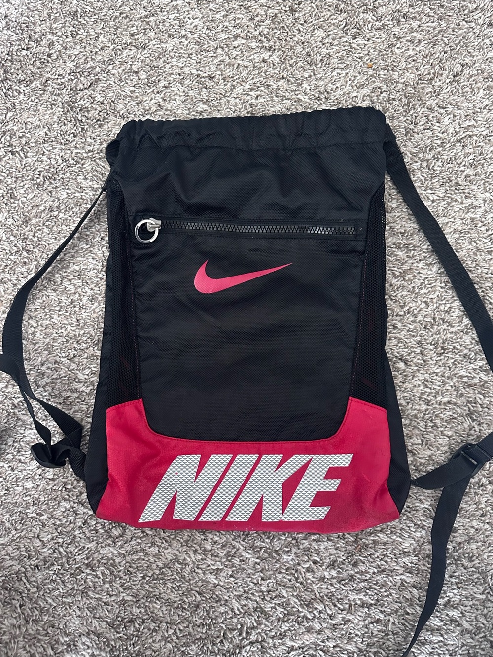 Nike Black & Red Drawstring Gym Backpack with Front Zip Pocket